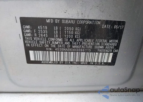 2017 Subaru Legacy 2.5I from USA, damaged, VIN 4S3BNAB6XH3066115